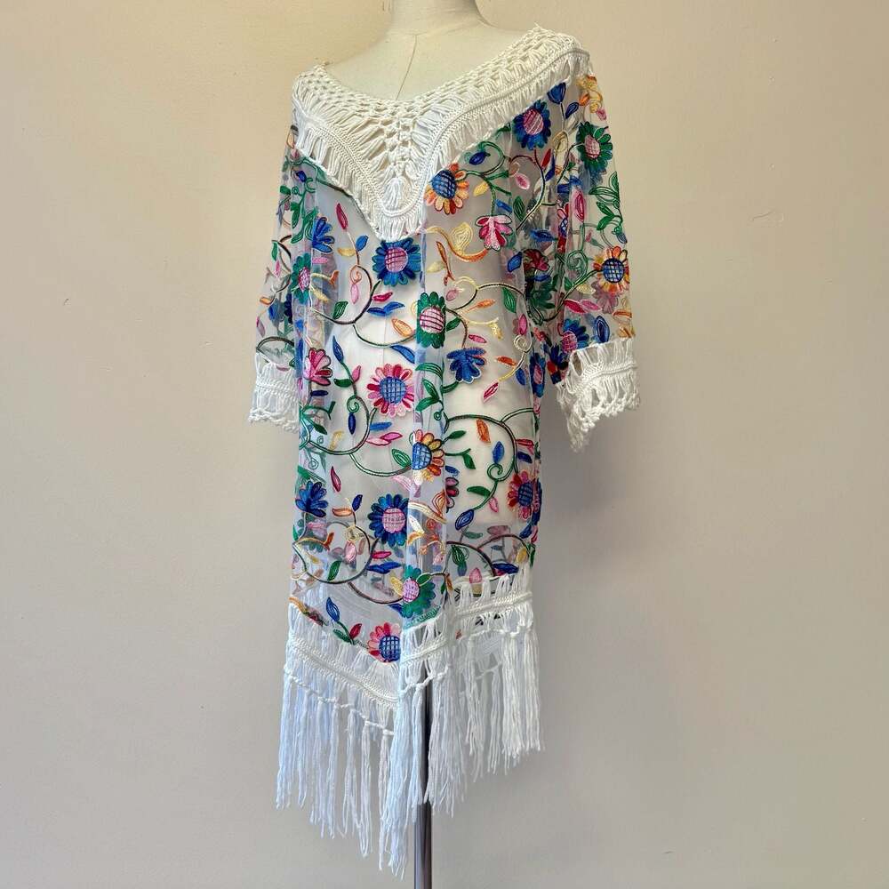 White Crochet Floral Embroidered Sheer Fringe Bohemian Tunic